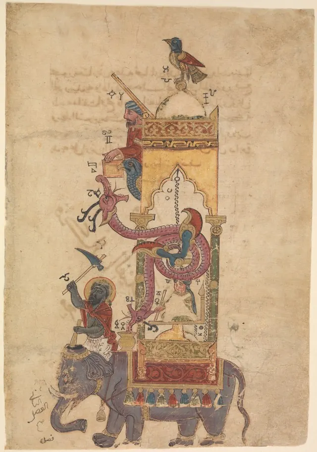 "The Elephant Clock", Folio from a Book of the Knowledge of Ingenious Mechanical Devices by al-Jazari — Unidentified painter, probably Syria or Iraq