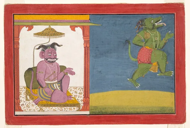 The Demon Hiranyaksha Departs the Demon Palace: Folio from a Bhagavata Purana Series — Unidentified Indian painters