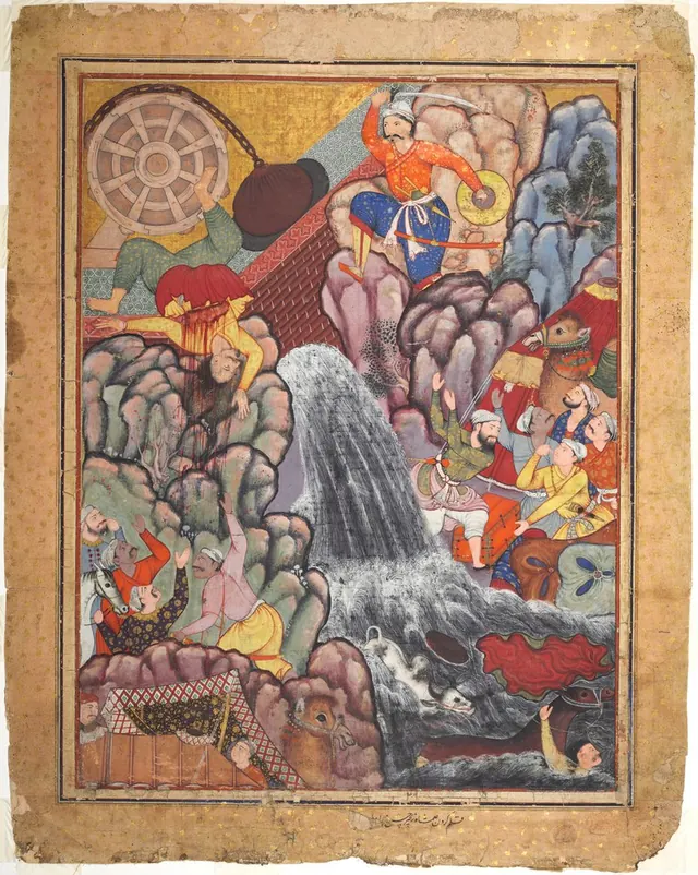 Alamshah cleaving asunder the chain of the wheel, from volume 11 of a Hamza-nama (Adventures of Hamza) — Unidentified painter of Akbar's workshop