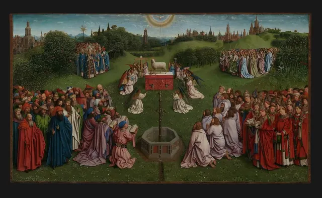 Adoration of the Mystic Lamb — original central panel of the Ghent Altarpiece — Hubert and Jan van Eyck