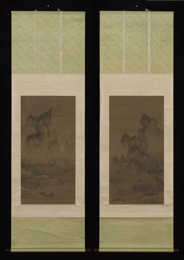 Evening bell from mist-shrouded temple (left); Autumn moon over Lake Dongting (right) — Unidentified painter in the style of An Gyeon