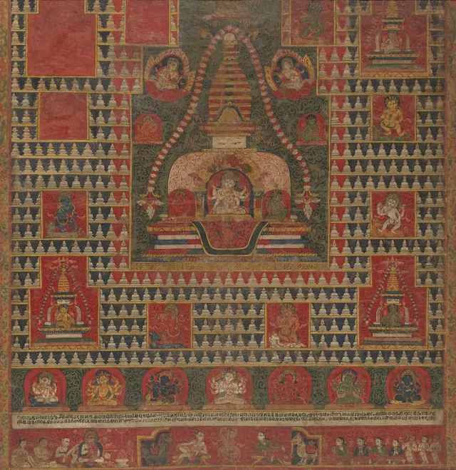 Ushnishavijaya Within a Chaitya, Commemorating the Laksha Chaitya Vrata (Thousand Chaitya Ritual), with Dated Inscription — Unidentified Newari painter