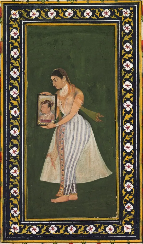 Nur Jahan holding a portrait of Emperor Jahangir — Attributed to Bishandas