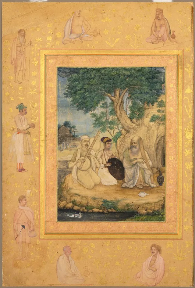 Prince and ascetics, from the Late Shah Jahan Album — Attributed to Painting by Govardhan