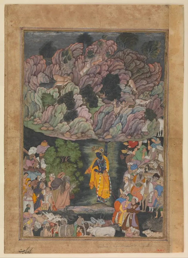 "Krishna Holds Up Mount Govardhan to Shelter the Villagers of Braj", Folio from a Harivamsa (The Legend of Hari (Krishna)) — Unidentified Mughal painter