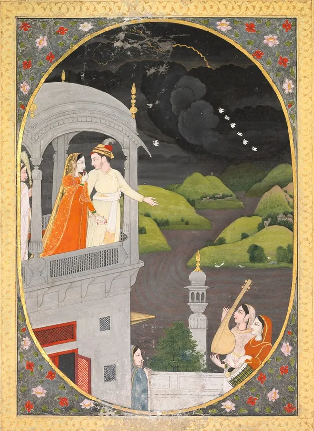 Royal lovers watching rain clouds: The month of Bhadon, from a Barahmasa — Unidentified Indian painters