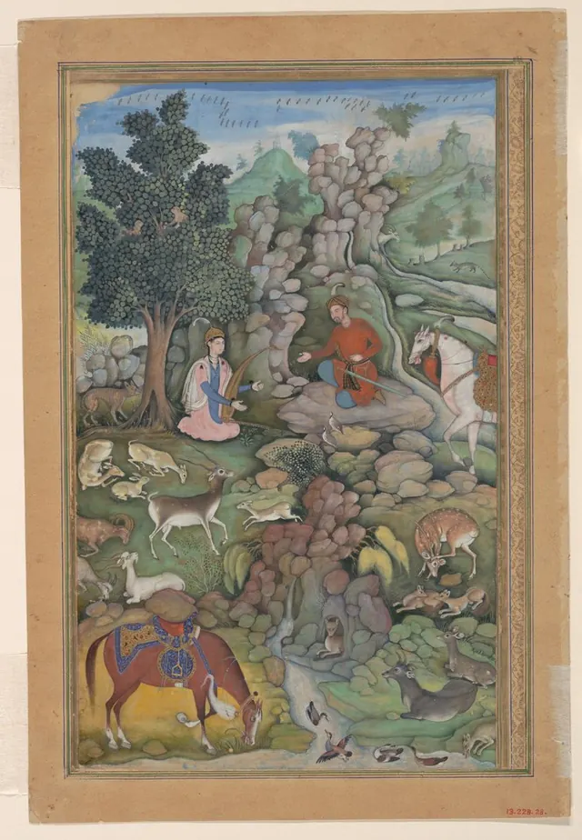 "Bahram Gur Sees a Herd of Deer Mesmerized by Dilaram' s Music", Folio from a Khamsa (Quintet) of Amir Khusrau Dihlavi — Attributed to Miskin